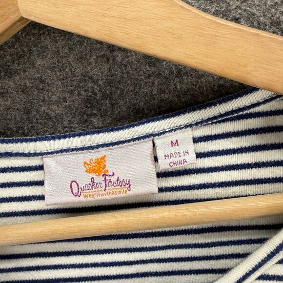 Quacker Factory T-Shirt Women M Medium White Striped Embroidered Short Sleeve - Picture 3 of 7